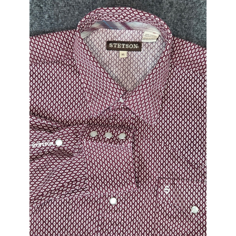 Stetson Mens XL Western Snap Button Shirt Burgundy Diamond Geometric 100% Cotton